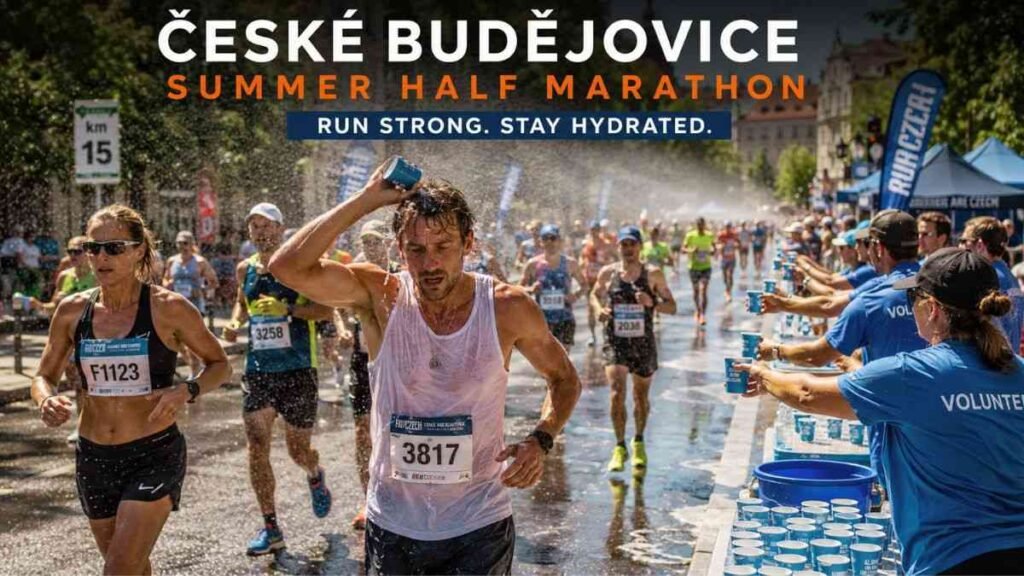 Runners facing warm weather conditions during Mattoni Half Marathon Ceske Budejovice 2026.