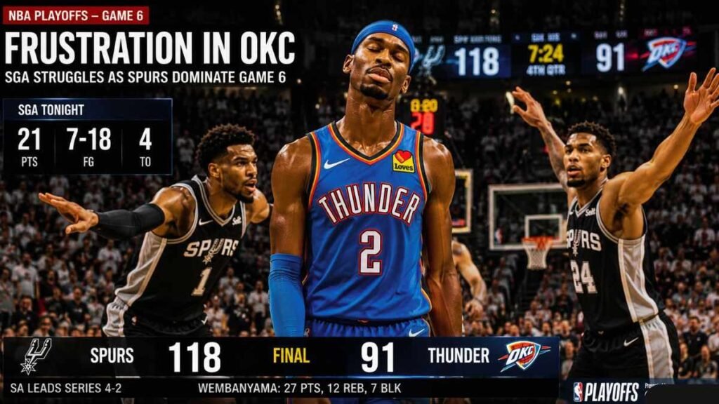 Shai Gilgeous-Alexander struggles offensively against Spurs defense during Game 6.