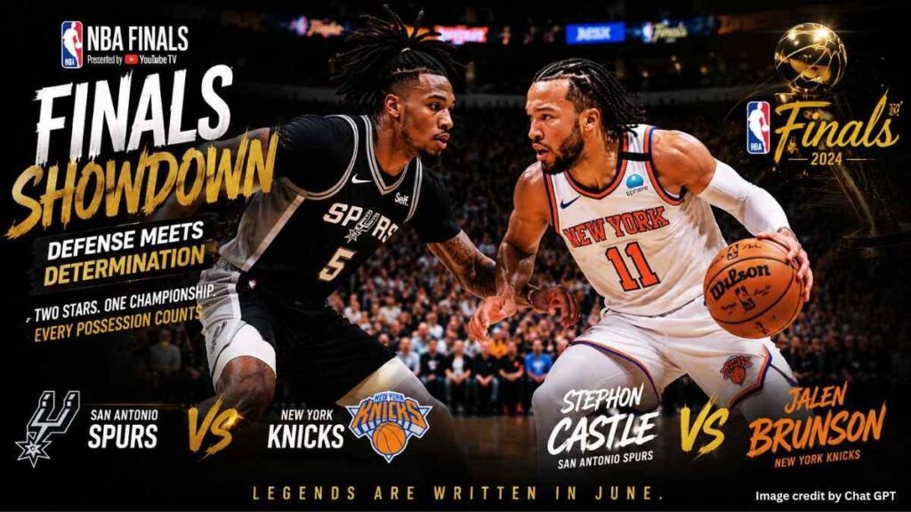 Stephon Castle defends Jalen Brunson in a crucial NBA Finals 2026 matchup.