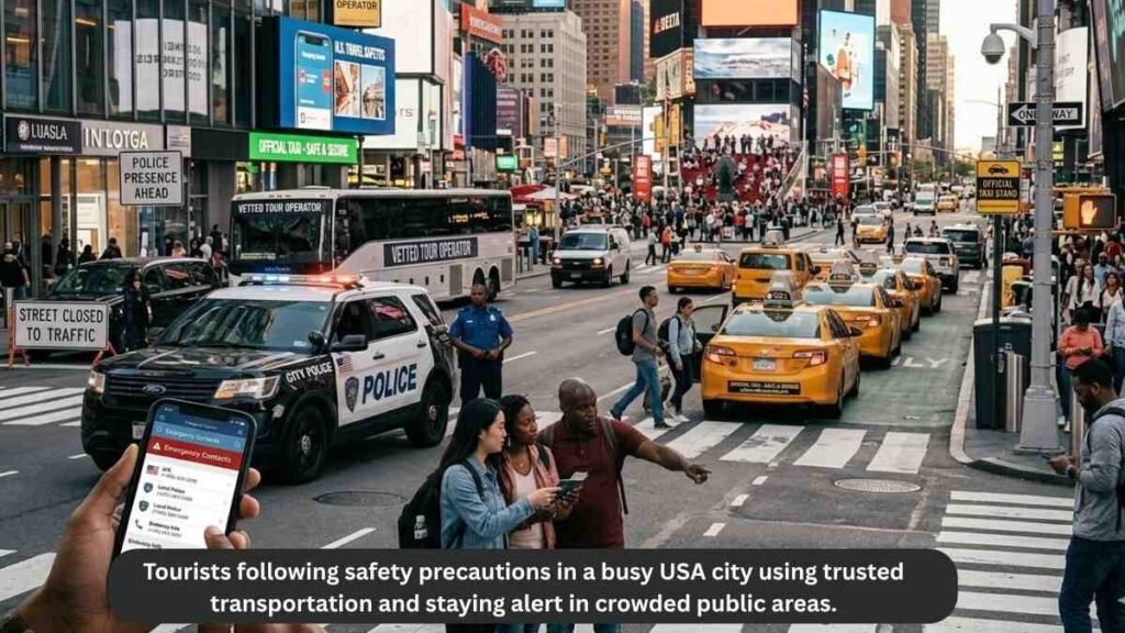 Tourists following safety precautions in a busy USA city using trusted transportation and staying alert in crowded public areas.