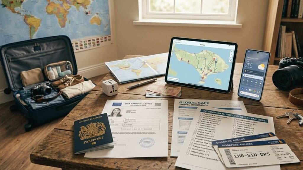 Traveler preparing for a USA trip with passport, visa documents, travel insurance, weather updates, and a pre-travel checklist before departure.