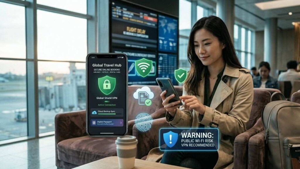 Traveler using a smartphone securely at an airport with cybersecurity protection for online bookings, digital documents, and public Wi-Fi safety.
