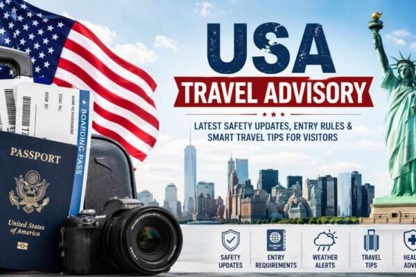 Travelers arriving at a major USA airport with luggage and digital travel advisory information screen in background