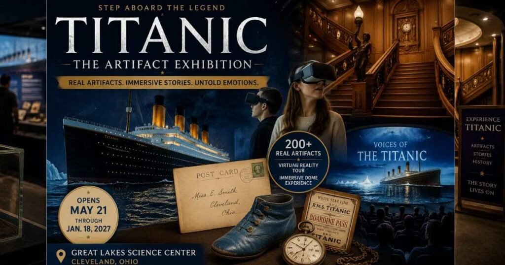 Visitors exploring Titanic Artifact Exhibition in Cleveland with real artifacts and immersive VR experience