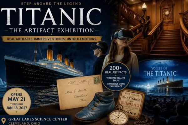 Visitors exploring Titanic Artifact Exhibition in Cleveland with real artifacts and immersive VR experience