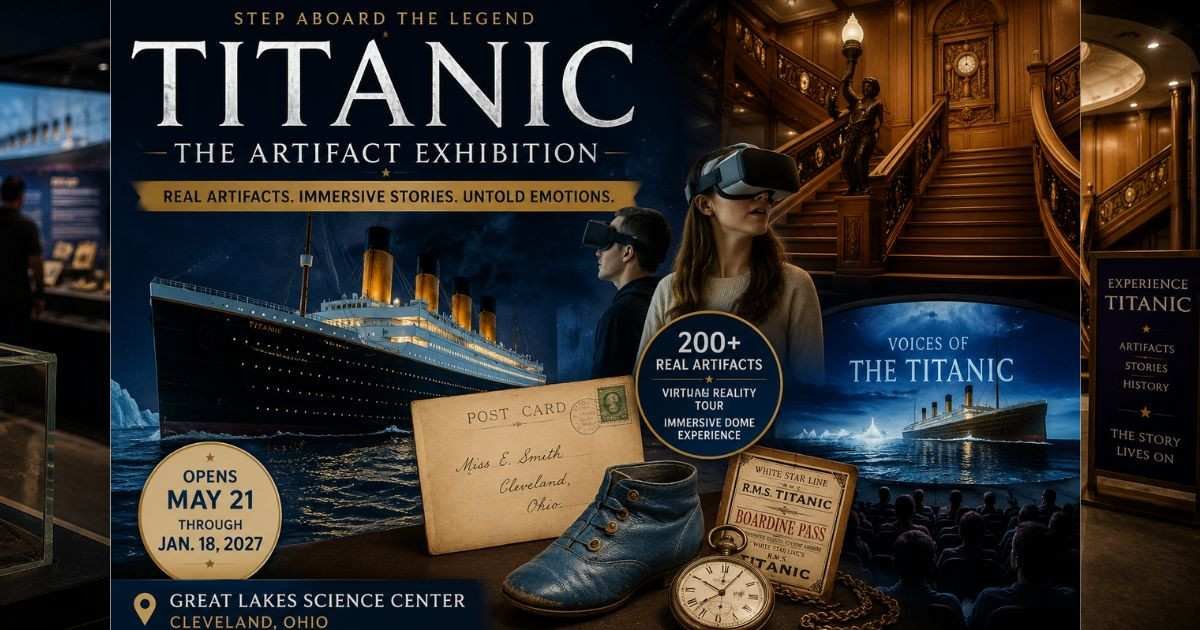 Visitors exploring Titanic Artifact Exhibition in Cleveland with real artifacts and immersive VR experience