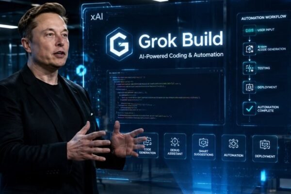 Elon Musk presenting Grok Build AI coding and automation platform