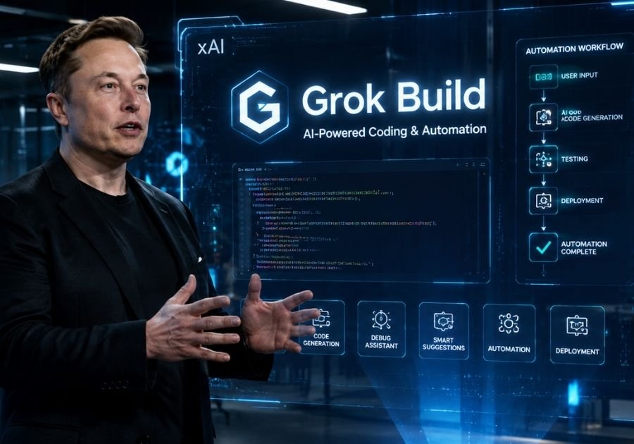 Elon Musk presenting Grok Build AI coding and automation platform
