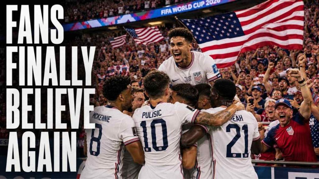USMNT players celebrating with fans after defeating Paraguay in World Cup 2026.