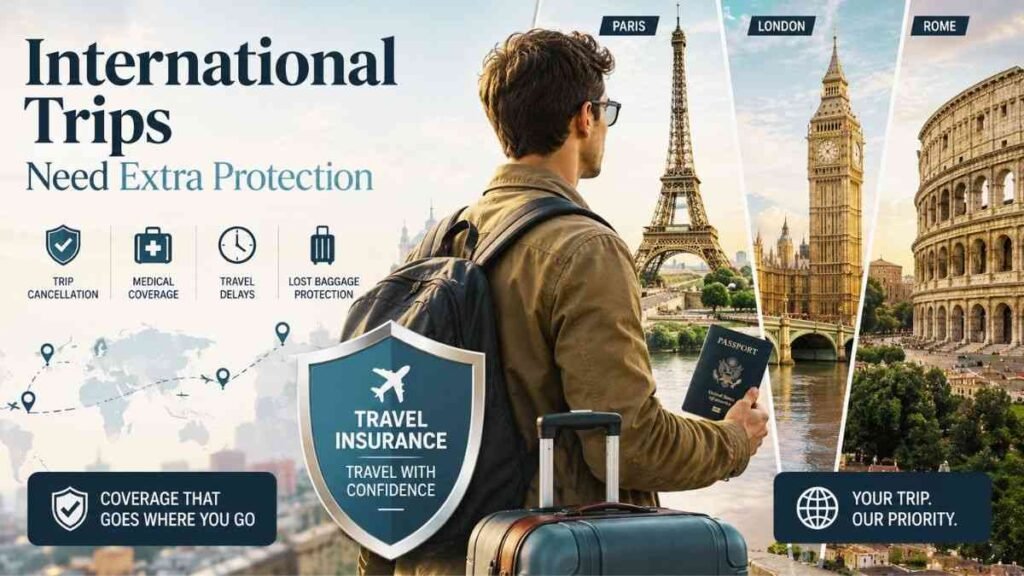 International traveler using travel insurance protection during an overseas vacation