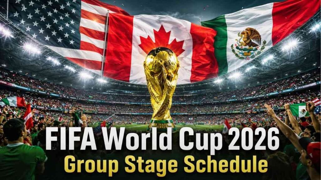 FIFA World Cup 2026 Group Stage Schedule overview featuring tournament dates, host countries and official World Cup trophy.