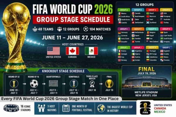 FIFA World Cup 2026 Group Stage Schedule showing complete fixtures, teams, match dates, and host cities across the USA, Canada, and Mexico.
