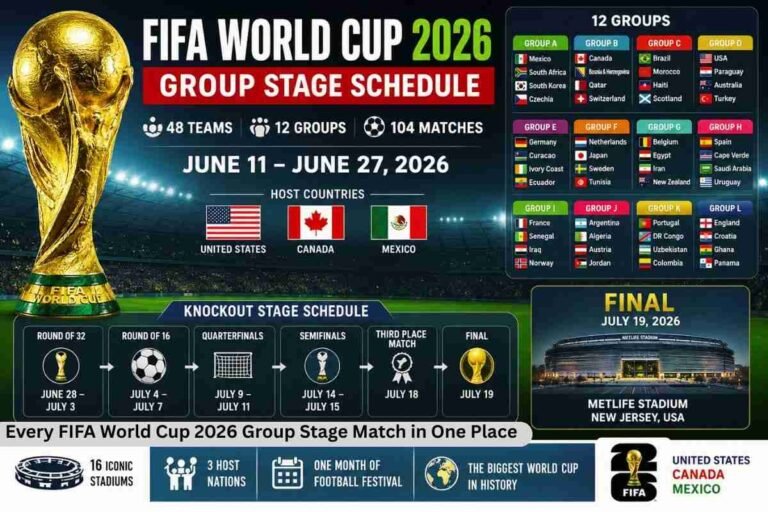 FIFA World Cup 2026 Group Stage Schedule showing complete fixtures, teams, match dates, and host cities across the USA, Canada, and Mexico.