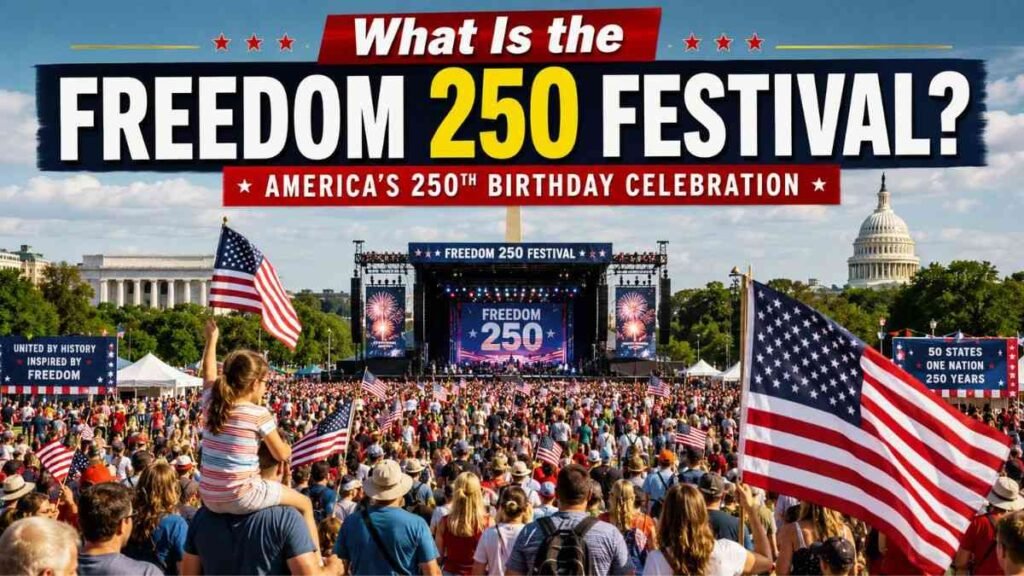 Freedom 250 Festival celebration concept with crowds, American flags, and festival atmosphere in Washington DC.