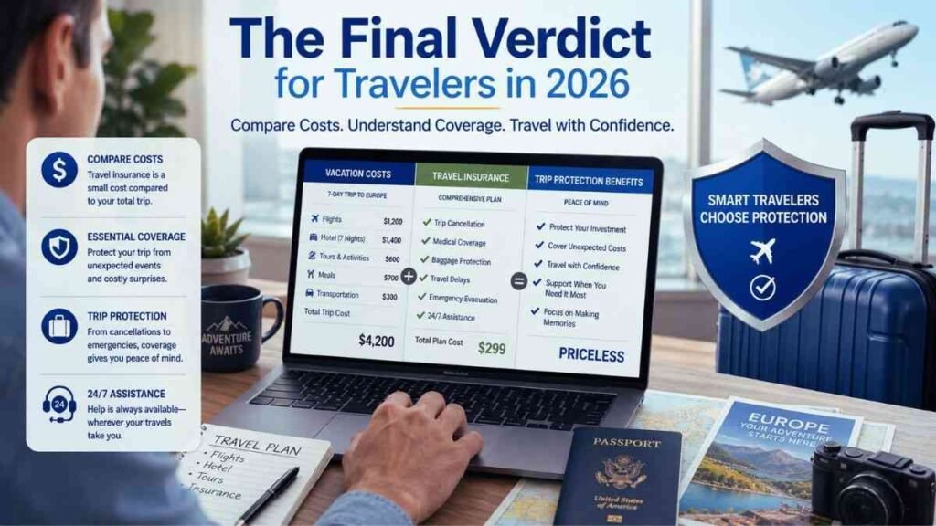 Traveler reviewing travel insurance coverage before booking a vacation in 2026