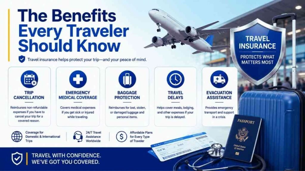 Travel insurance coverage infographic showing major protection benefits for travelers