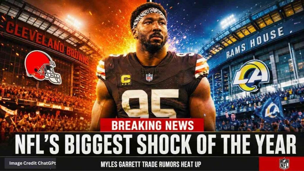 Myles Garrett standing between Cleveland Browns and Los Angeles Rams during a blockbuster NFL trade announcement.
