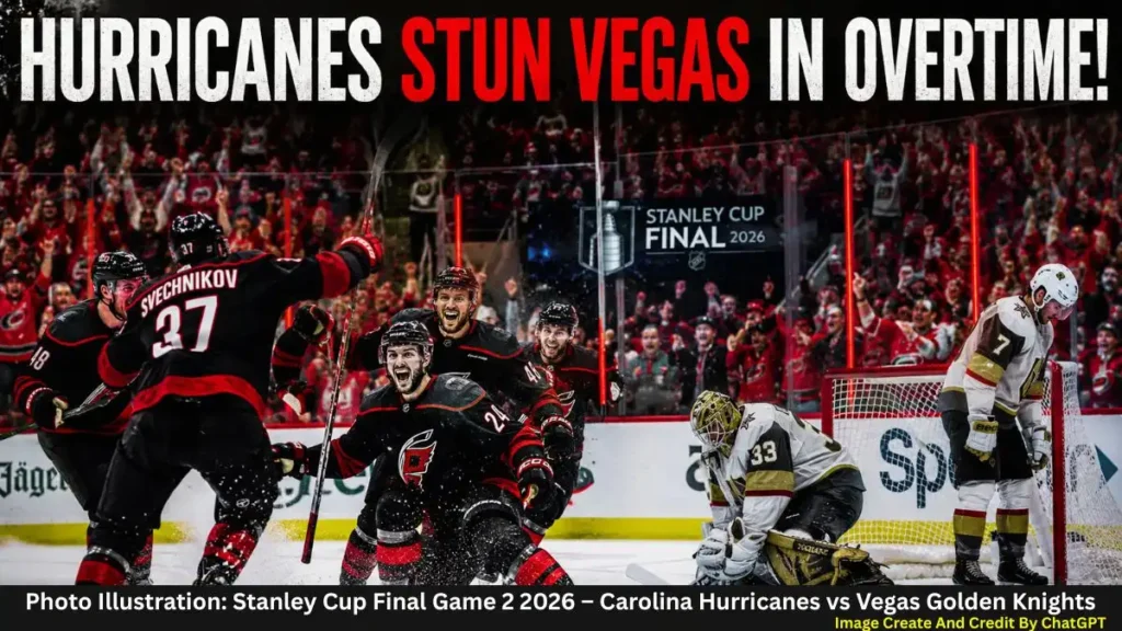Carolina Hurricanes players celebrate an overtime game-winning goal against the Vegas Golden Knights during Stanley Cup Final Game 2 2026.