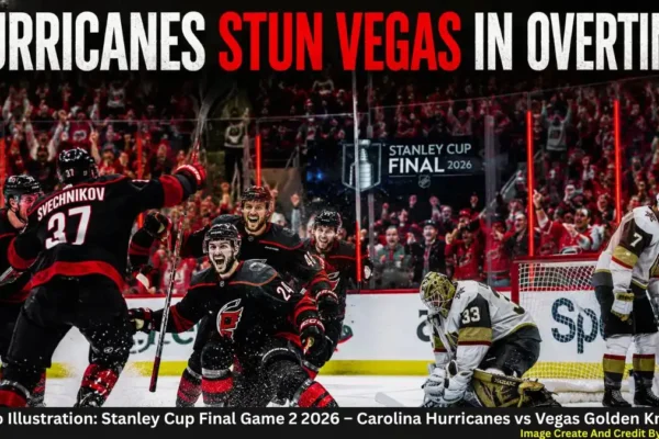 Carolina Hurricanes players celebrate an overtime game-winning goal against the Vegas Golden Knights during Stanley Cup Final Game 2 2026.