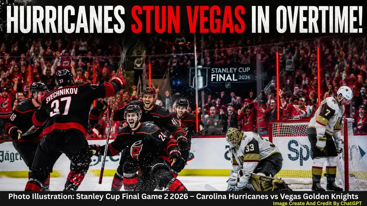 Carolina Hurricanes players celebrate an overtime game-winning goal against the Vegas Golden Knights during Stanley Cup Final Game 2 2026.