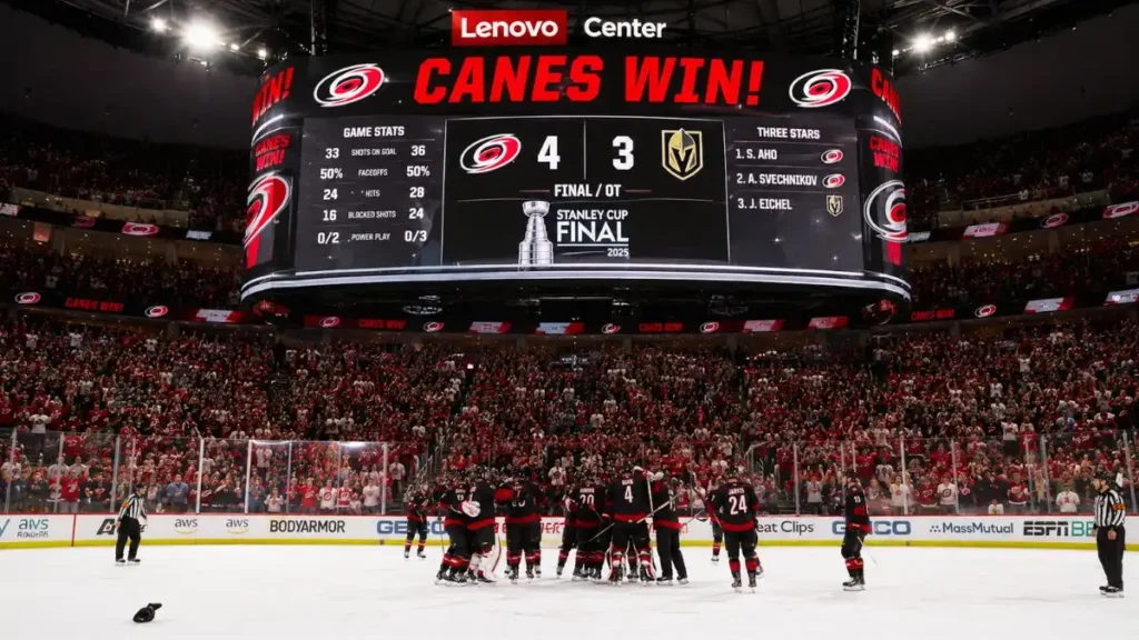 Stanley Cup Final Game 2 scoreboard showing Hurricanes defeating Golden Knights 4-3 in overtime.