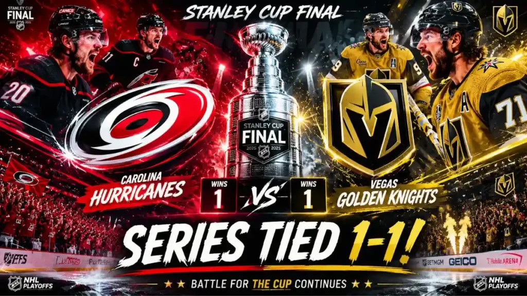Stanley Cup Final series graphic showing Hurricanes and Golden Knights tied at one game each.