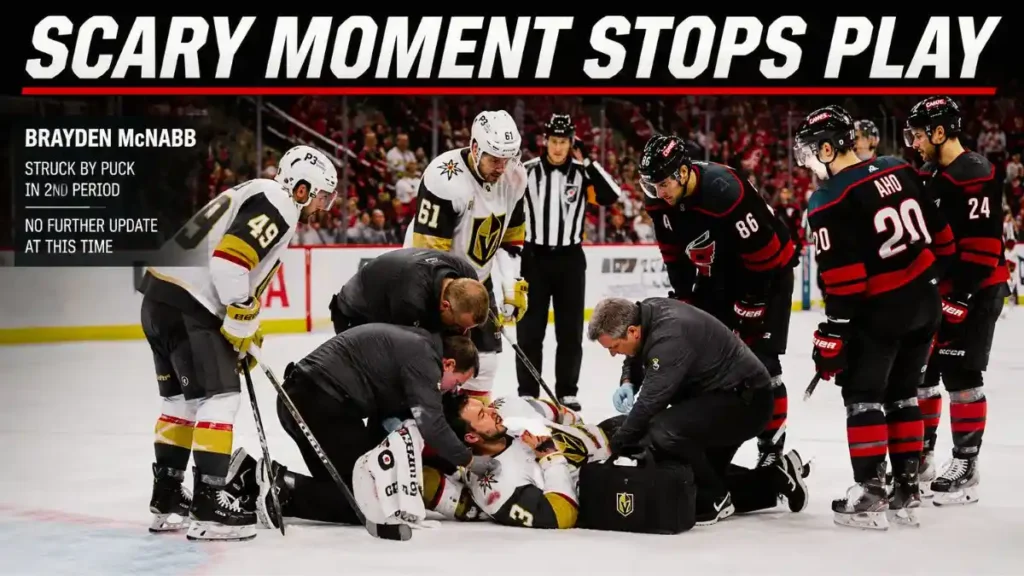 Brayden McNabb receives medical attention after a frightening injury during Game 2.