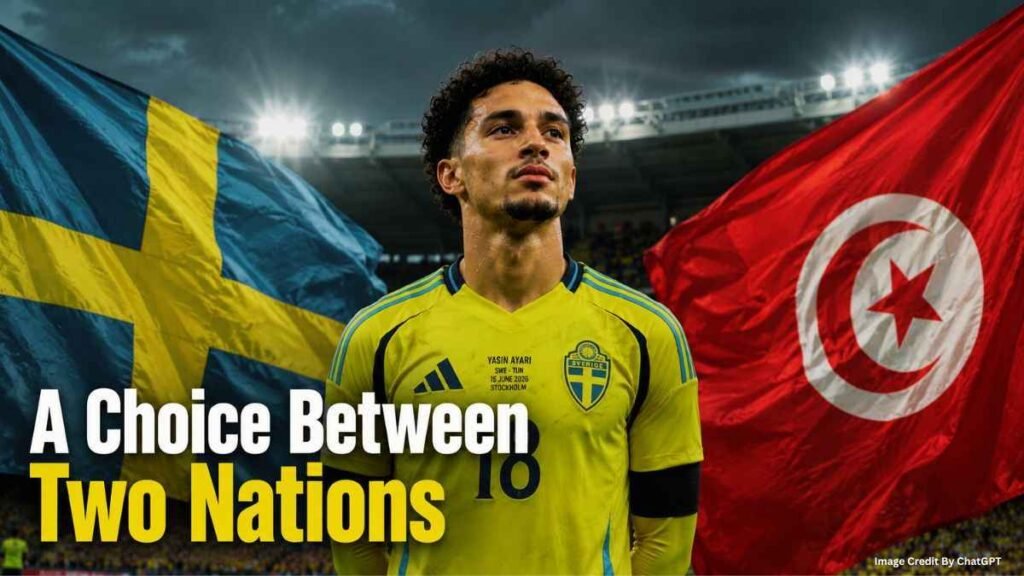 Yasin Ayari standing between Sweden and Tunisia flags representing his international football choice