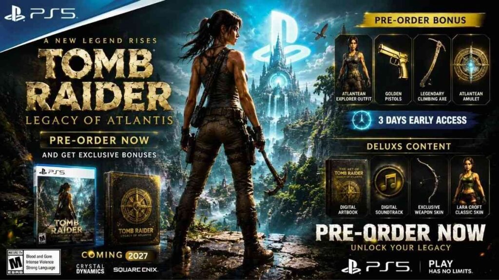Tomb Raider Legacy of Atlantis pre-order bonuses and PS5 launch promotion.