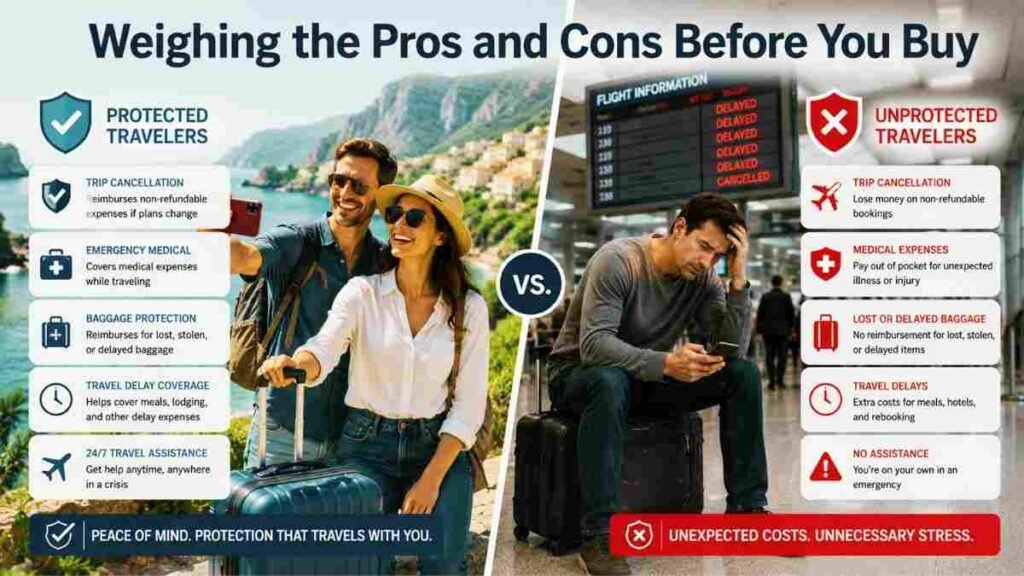 Comparison of travel insurance advantages and disadvantages for vacation travelers