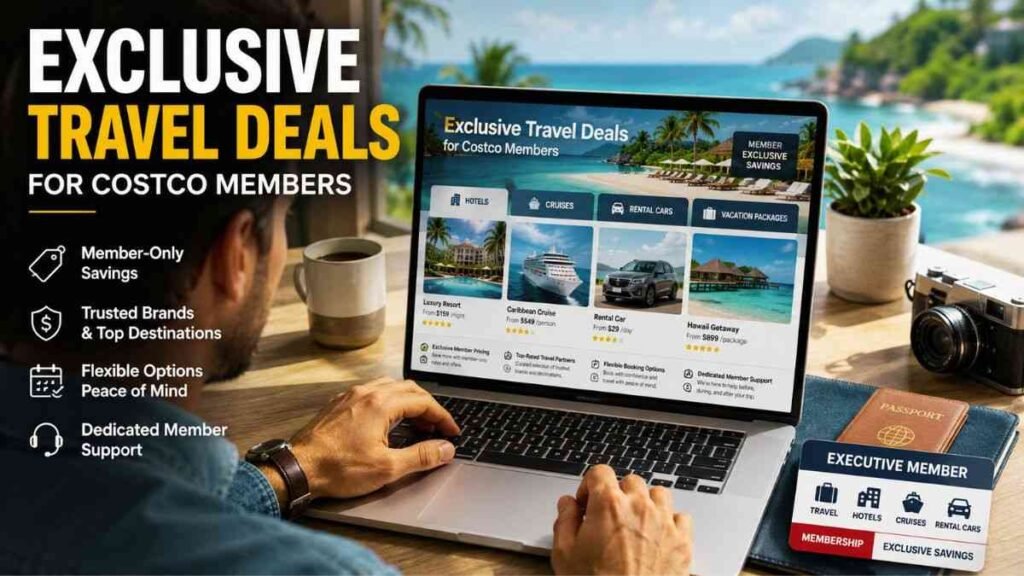 Traveler exploring Costco Travel vacation deals online.