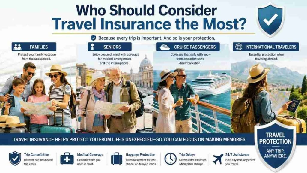 Families, seniors, and international travelers using travel insurance protection