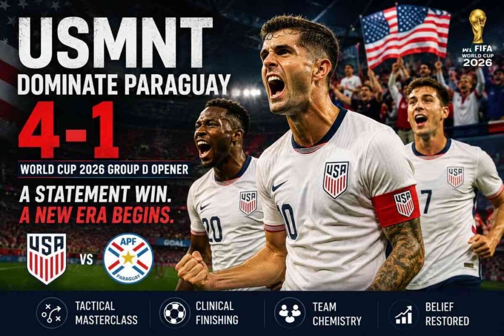 USMNT players celebrating a 4-1 win over Paraguay in World Cup 2026.