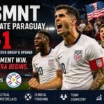 USMNT players celebrating a 4-1 win over Paraguay in World Cup 2026.