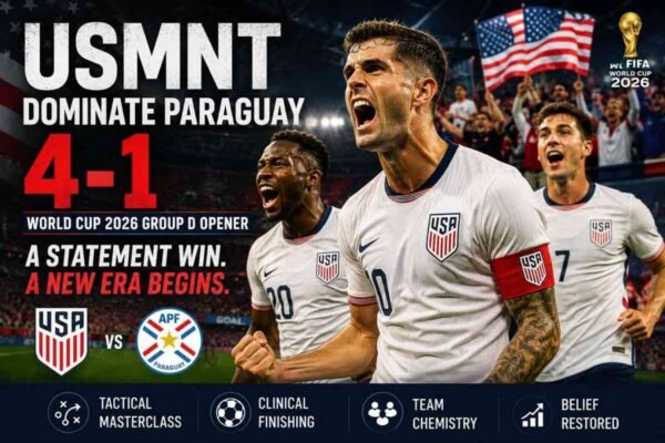 USMNT players celebrating a 4-1 win over Paraguay in World Cup 2026.