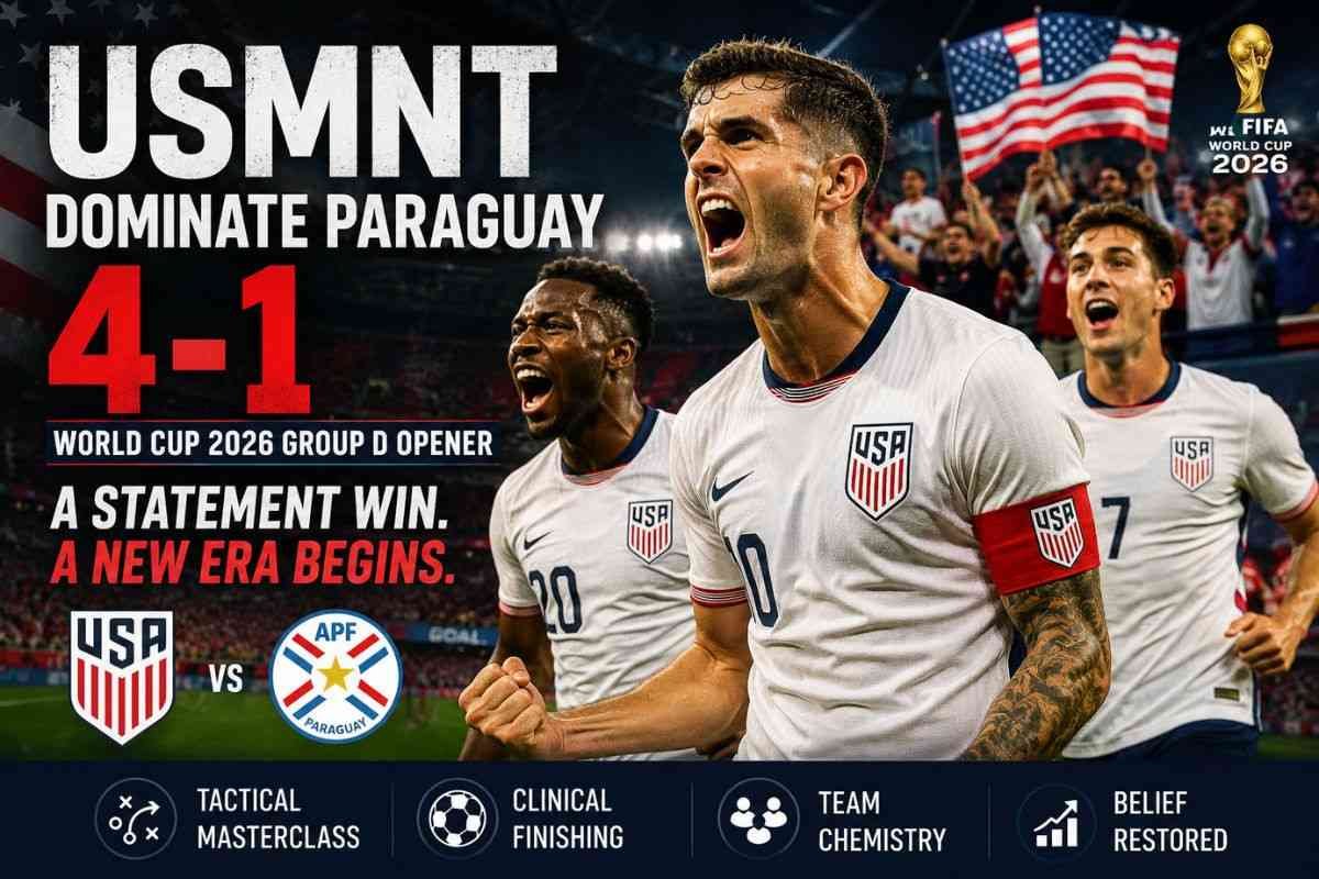 USMNT players celebrating a 4-1 win over Paraguay in World Cup 2026.