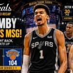 Victor Wembanyama celebrates after leading the San Antonio Spurs to a Game 3 victory over the New York Knicks in the NBA Finals