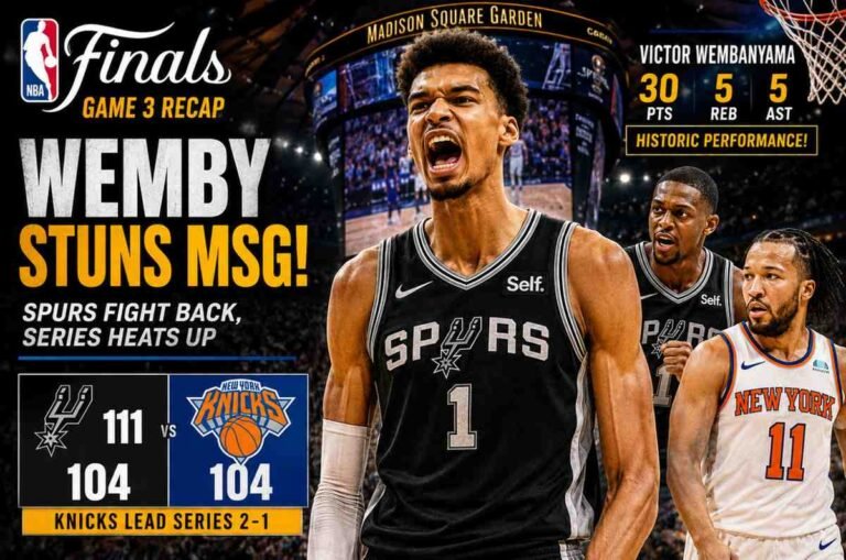 Victor Wembanyama celebrates after leading the San Antonio Spurs to a Game 3 victory over the New York Knicks in the NBA Finals