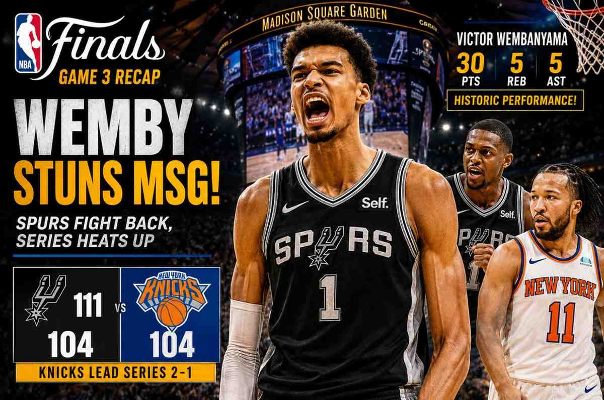 Victor Wembanyama celebrates after leading the San Antonio Spurs to a Game 3 victory over the New York Knicks in the NBA Finals