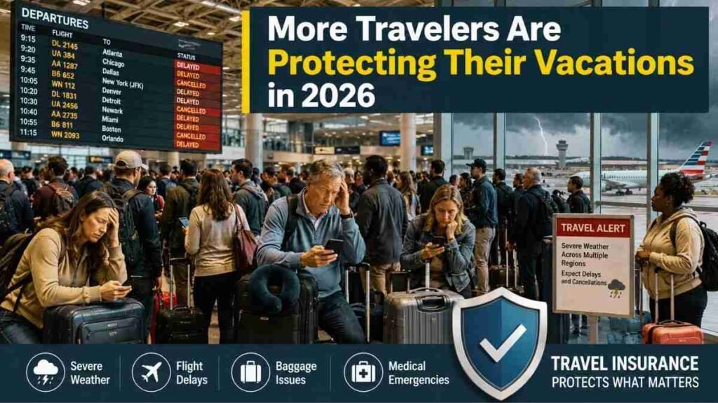 Travelers waiting in an airport during delays while considering travel insurance protection