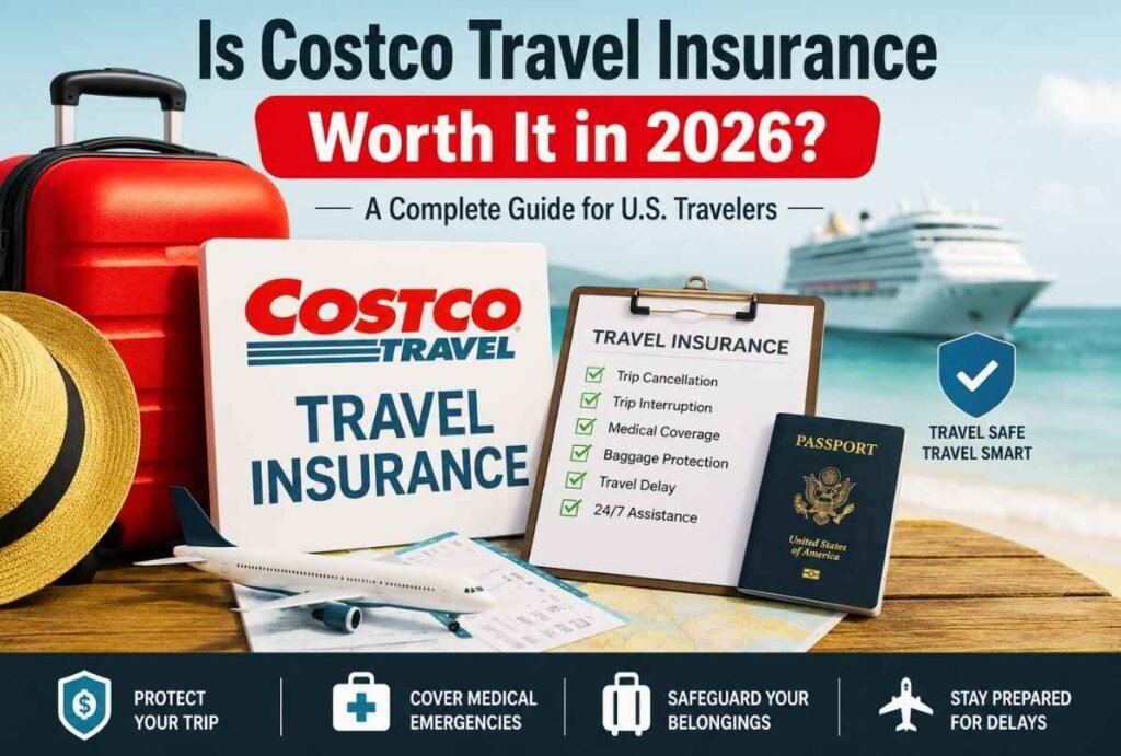 Traveler reviewing Costco travel insurance benefits with passport, luggage, airplane tickets, and cruise vacation in 2026