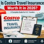 Traveler reviewing Costco travel insurance benefits with passport, luggage, airplane tickets, and cruise vacation in 2026