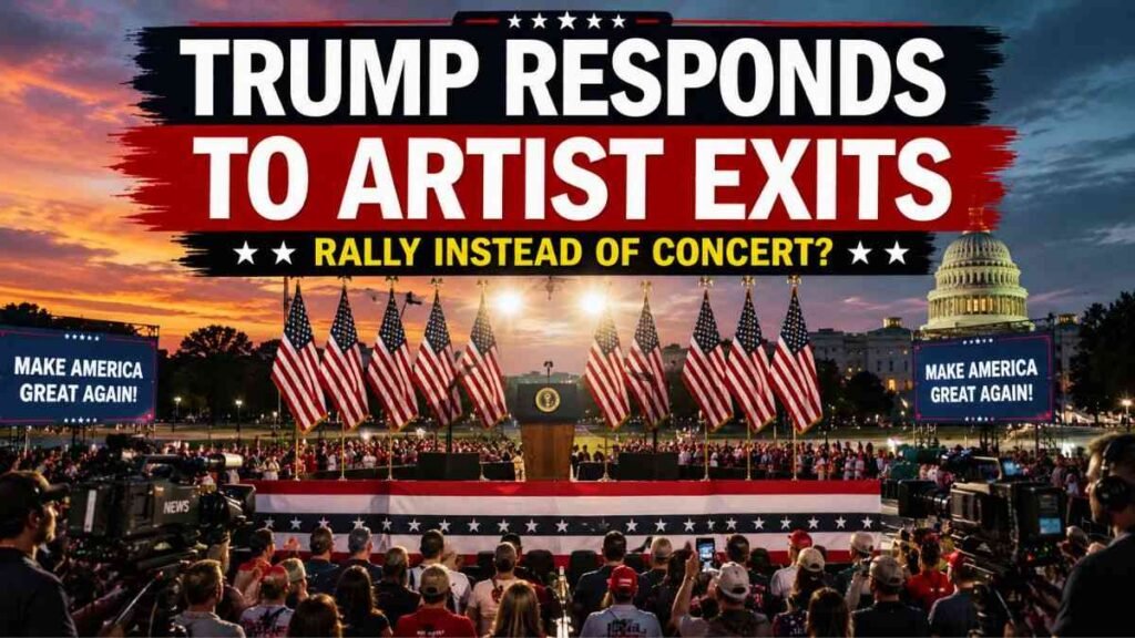 Political rally atmosphere following Freedom 250 festival artist cancellations.