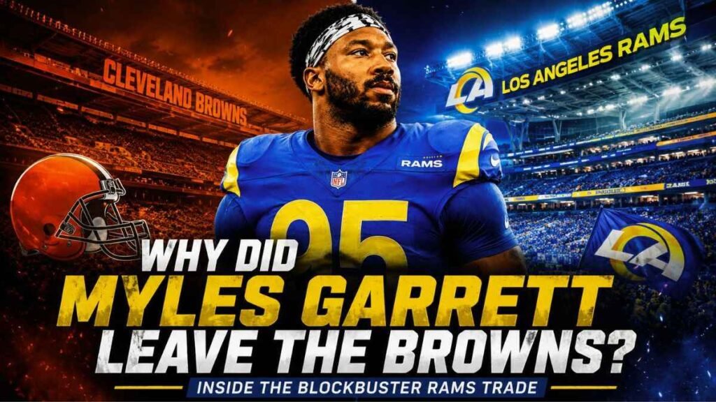 Myles Garrett in Los Angeles Rams uniform after leaving the Cleveland Browns in a blockbuster NFL trade.