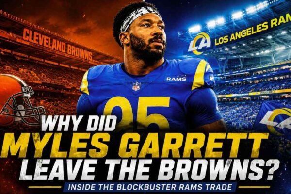 Myles Garrett in Los Angeles Rams uniform after leaving the Cleveland Browns in a blockbuster NFL trade.